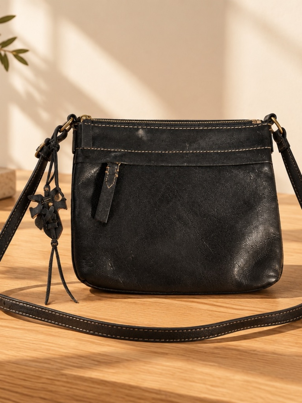 FRYE Black Leather Carson Zip Small Crossbody Bag - Vintage Vibe
